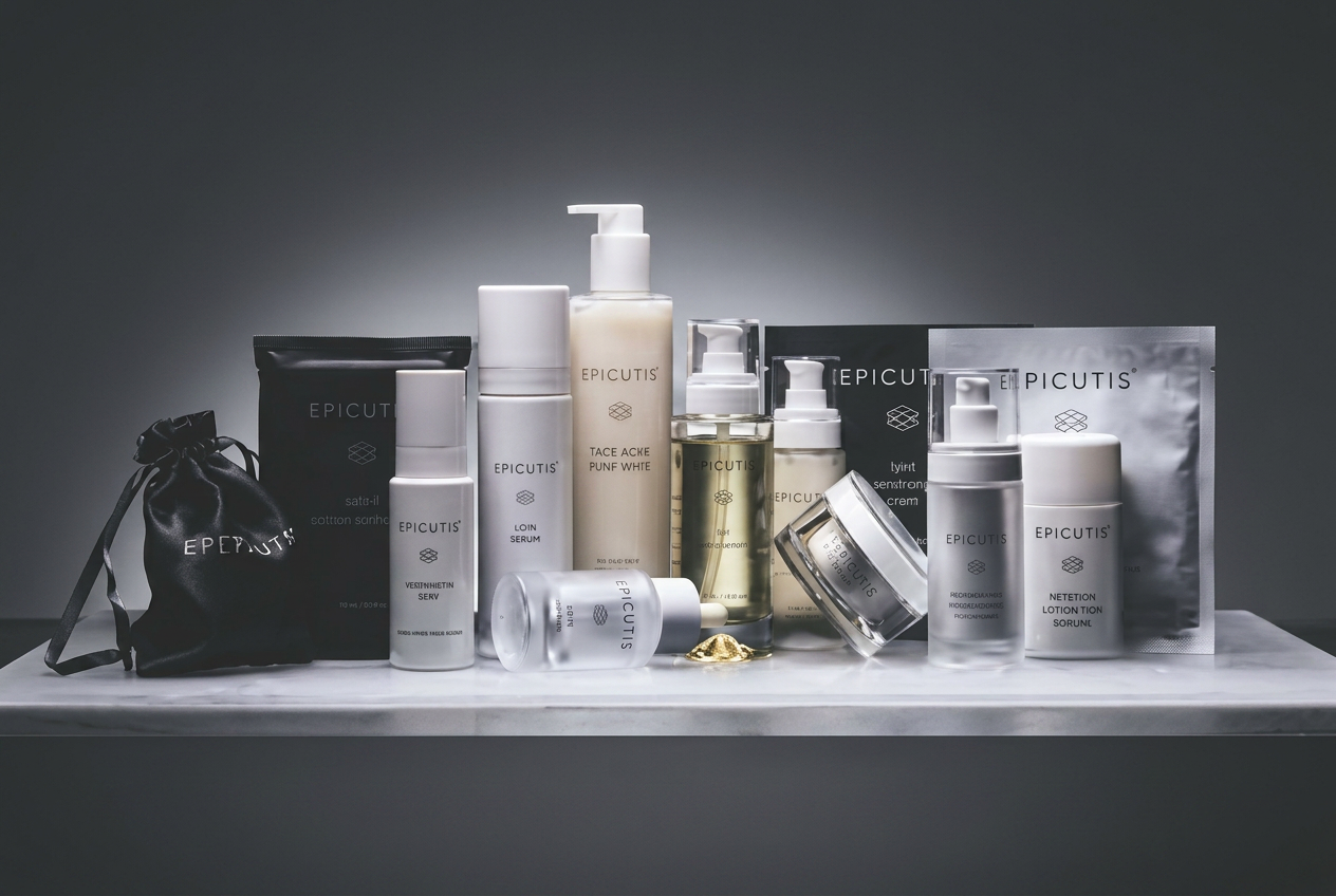 Epicutis medical-grade skincare bottles on warm stone surface