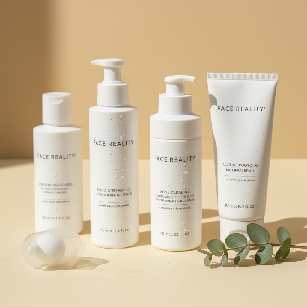 Face Reality acne-clearing skincare bottles with eucalyptus sprig