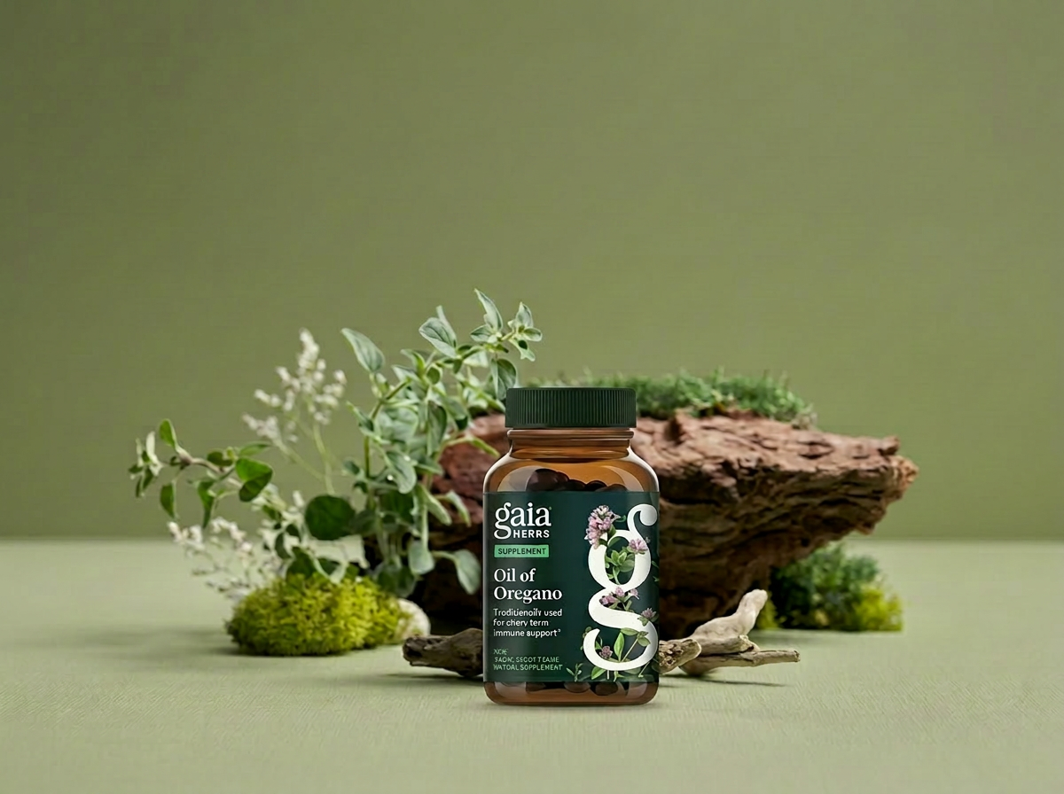 Gaia Herbs amber supplement bottles surrounded by fresh botanical herbs