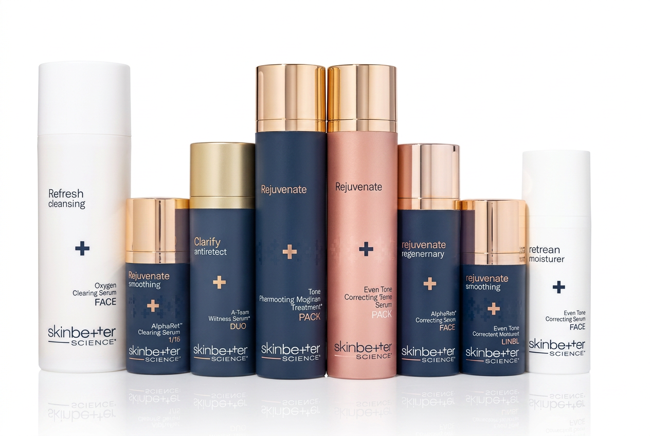 SkinBetter Science skincare bottles on warm marble surface