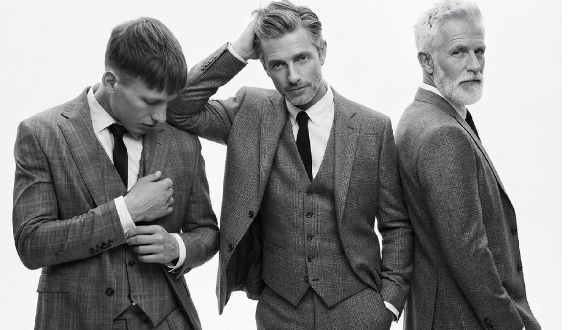A black and white studio portrait diptych featuring three men of different ages (young, middle-aged, and elderly) all wearing matching grey plaid three-piece suits, white shirts, and black ties against a plain white background.
