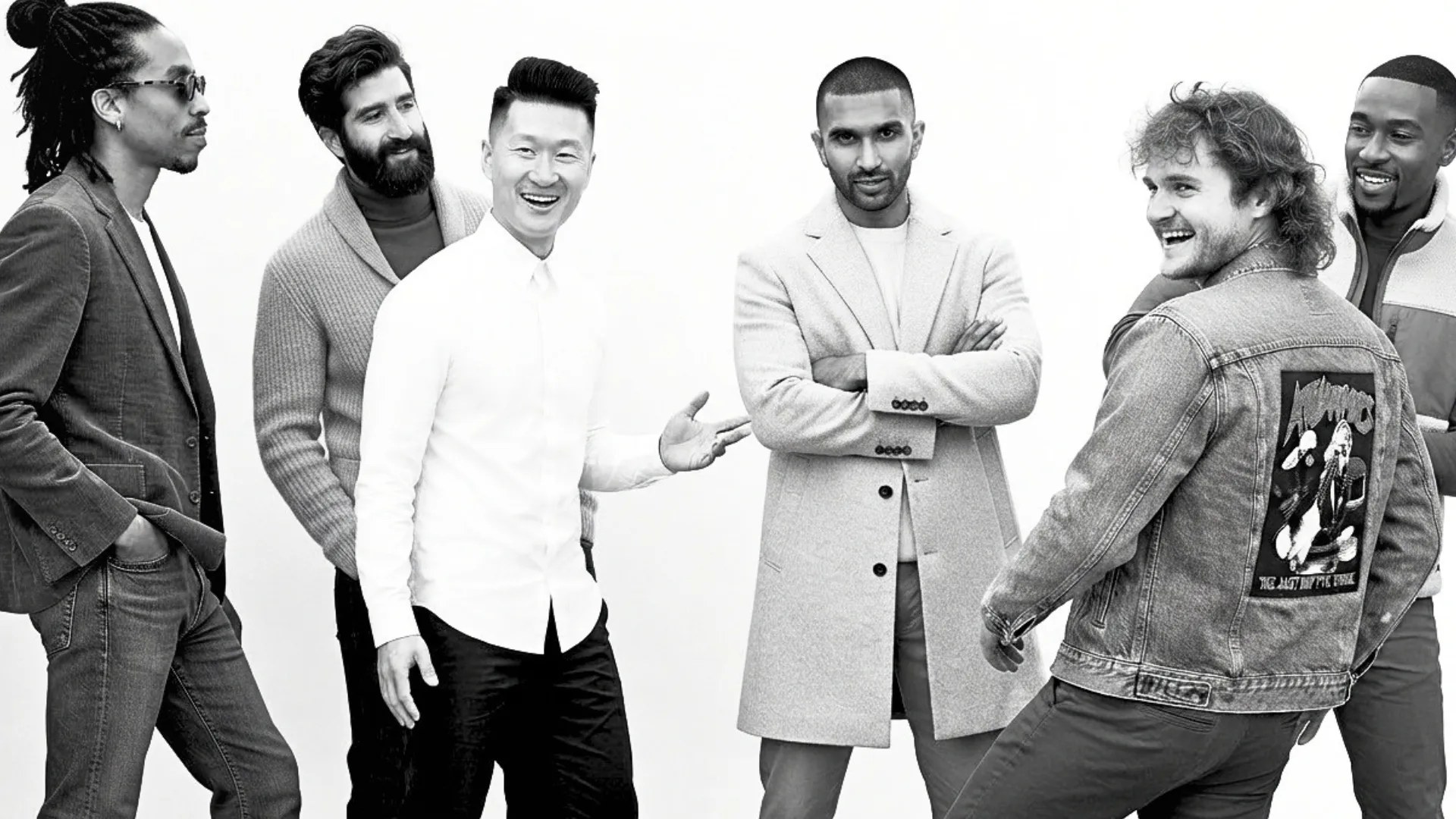 A grayscale group portrait of six diverse men posing together against a plain white background, featuring varied expressions, casual and smart-casual clothing, and dynamic body language.