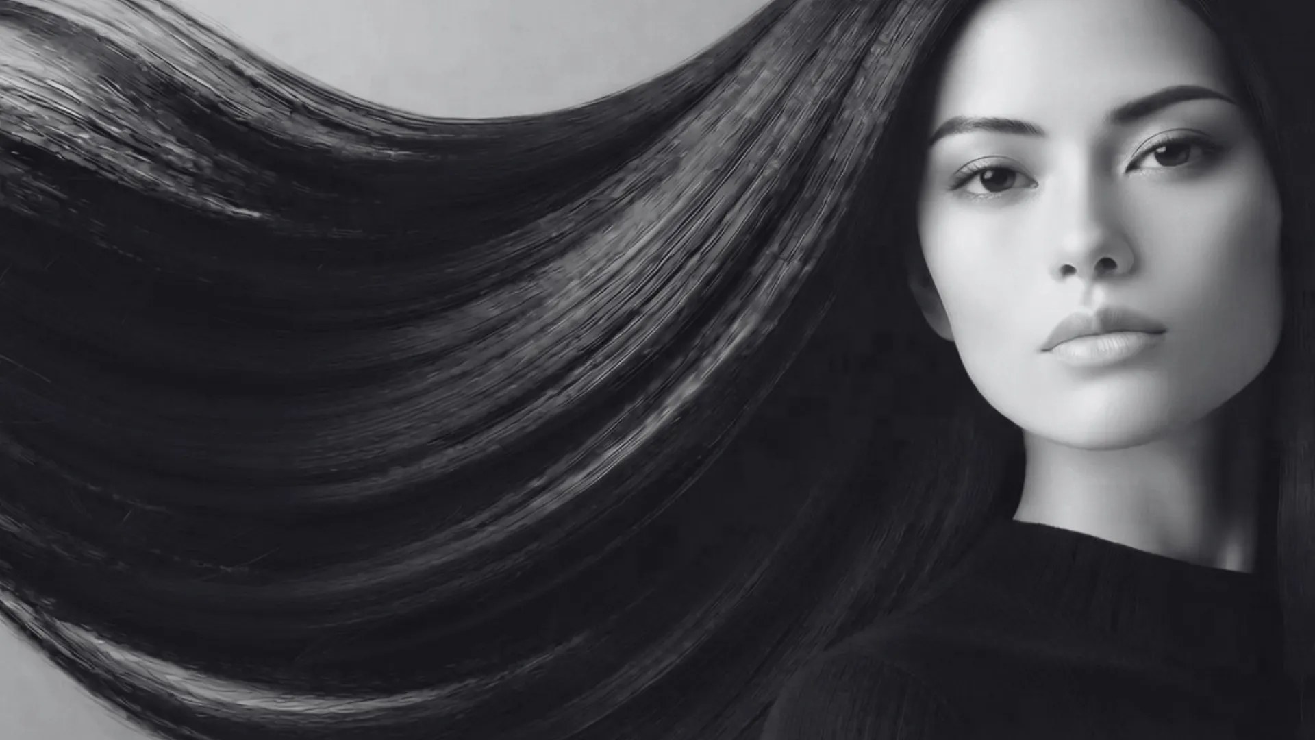 A close-up portrait photograph of a woman with long, ultra-straight, dark brown hair that is fanned out dramatically to the left as if caught in a strong wind. She has visible freckles, a warm, direct gaze, and is wearing a black high-neck top against a gradient golden-brown studio background.