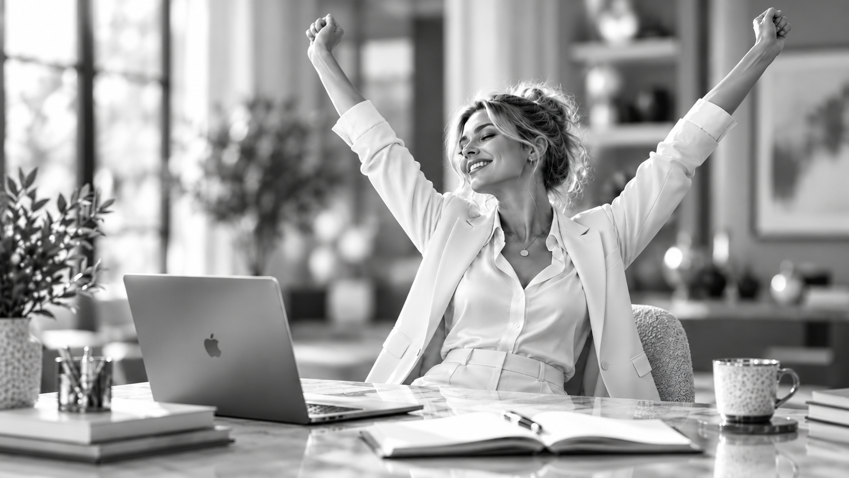 Smiling businesswoman in a tailored white suit stretching at her desk in a luxury office, photographed in high-resolution grayscale.